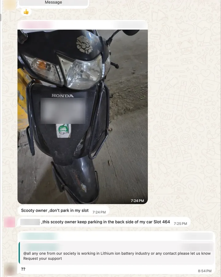 WhatsApp messages with a photo of a scooter parked in someone's car slot