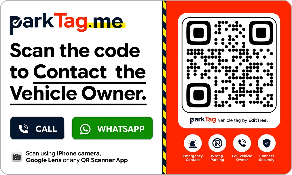 The ParkTag sticker, showing the scan instructions and Call and WhatsApp buttons on the left and the QR code on the right